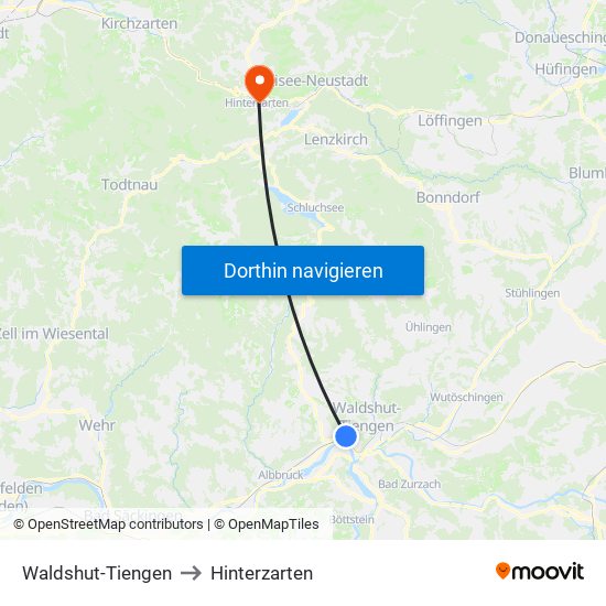 Waldshut-Tiengen to Hinterzarten map