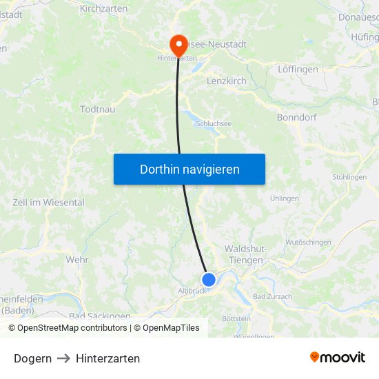 Dogern to Hinterzarten map