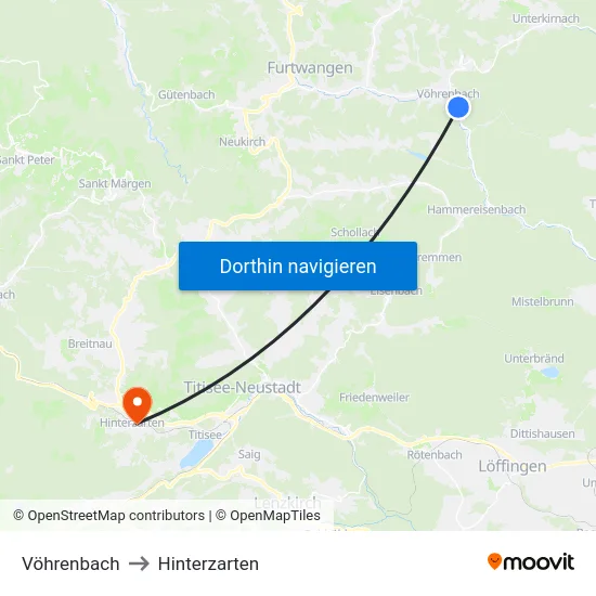 Vöhrenbach to Hinterzarten map