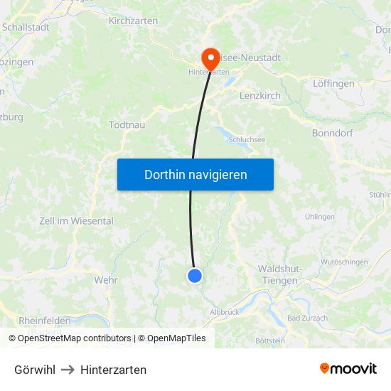 Görwihl to Hinterzarten map