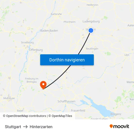 Stuttgart to Hinterzarten map