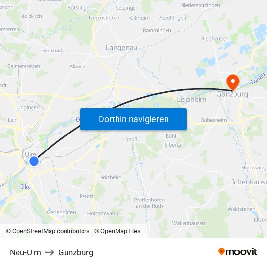 Neu-Ulm to Günzburg map