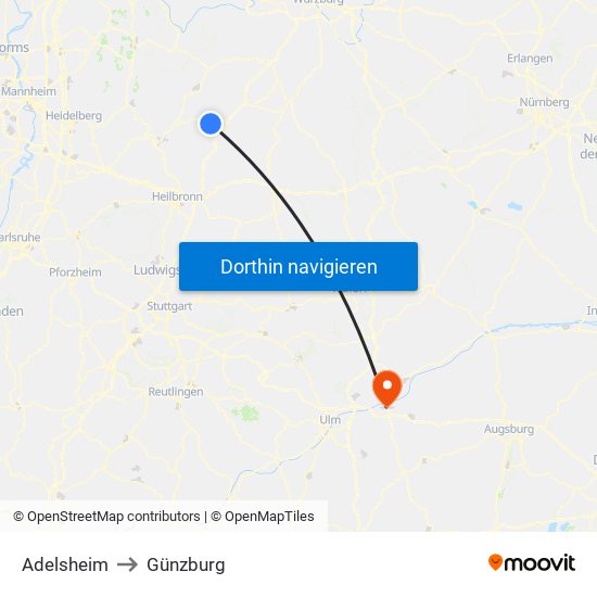 Adelsheim to Günzburg map