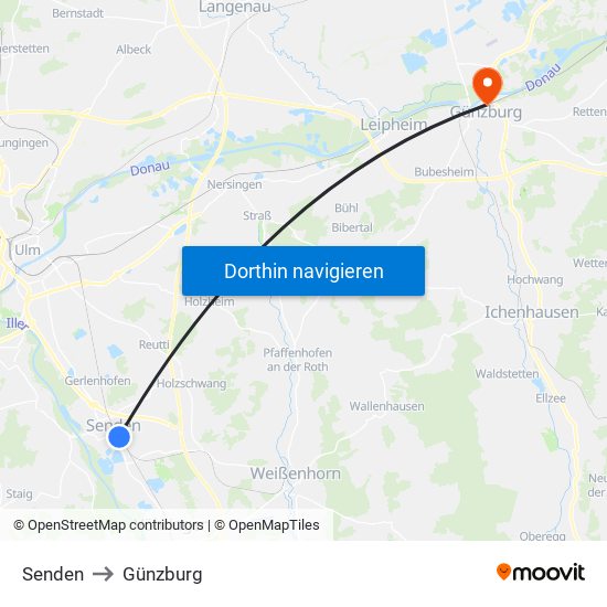 Senden to Günzburg map