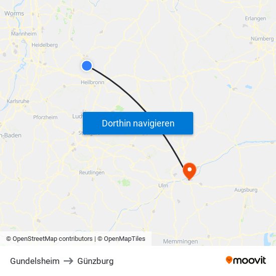 Gundelsheim to Günzburg map