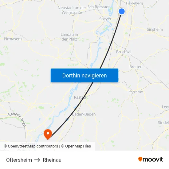 Oftersheim to Rheinau map