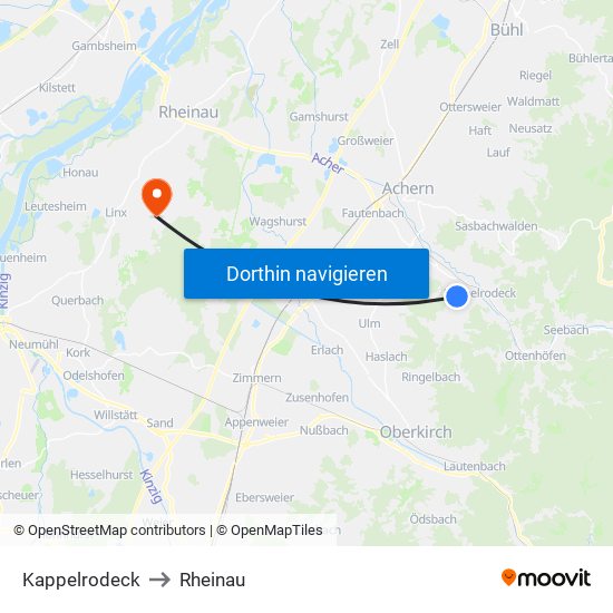 Kappelrodeck to Rheinau map