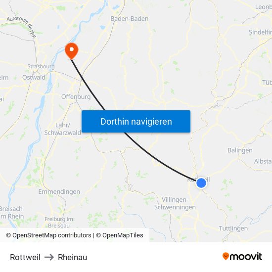 Rottweil to Rheinau map