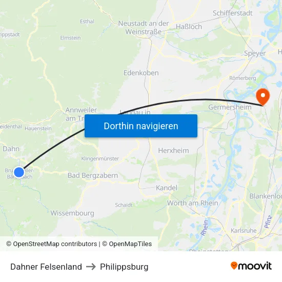 Dahner Felsenland to Philippsburg map