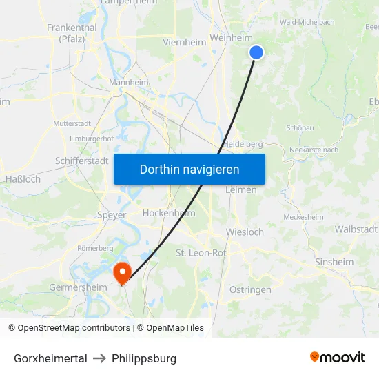 Gorxheimertal to Philippsburg map