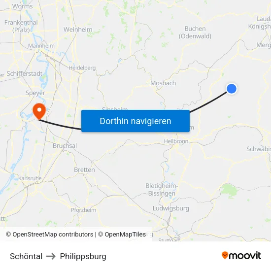 Schöntal to Philippsburg map