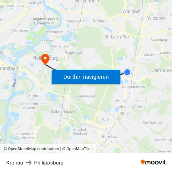 Kronau to Philippsburg map