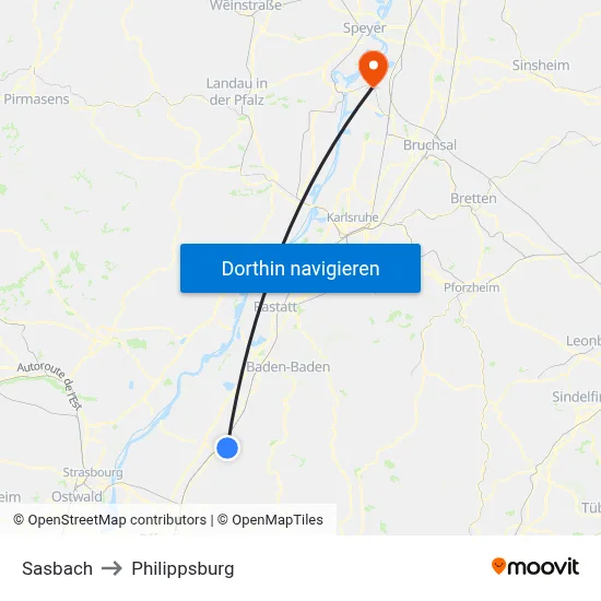 Sasbach to Philippsburg map