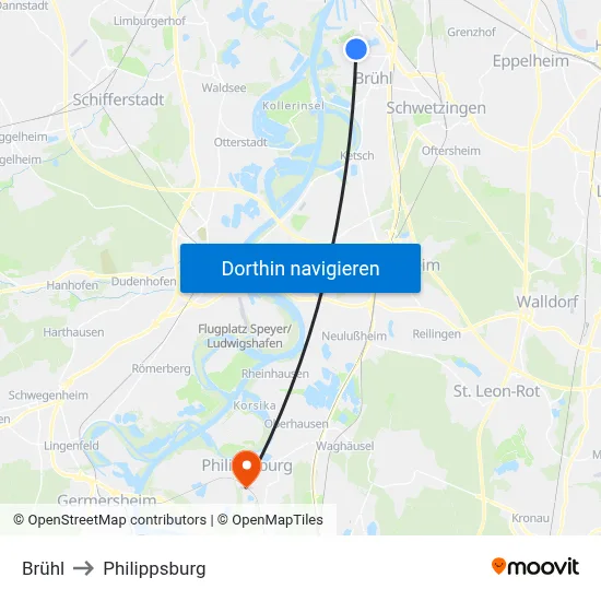 Brühl to Philippsburg map