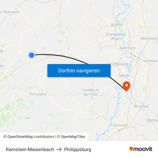 Ramstein-Miesenbach to Philippsburg map