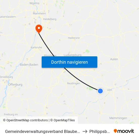 Gemeindeverwaltungsverband Blaubeuren to Philippsburg map