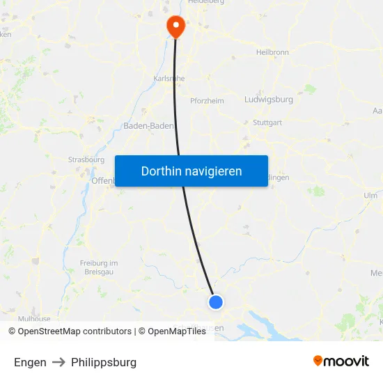 Engen to Philippsburg map