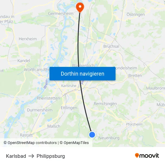 Karlsbad to Philippsburg map