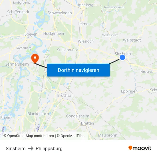 Sinsheim to Philippsburg map