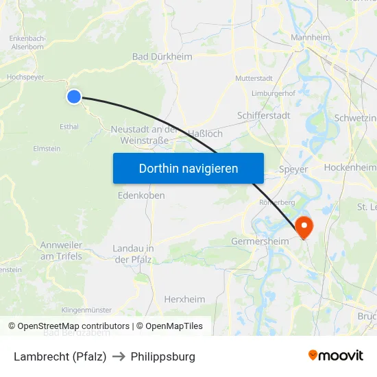 Lambrecht (Pfalz) to Philippsburg map