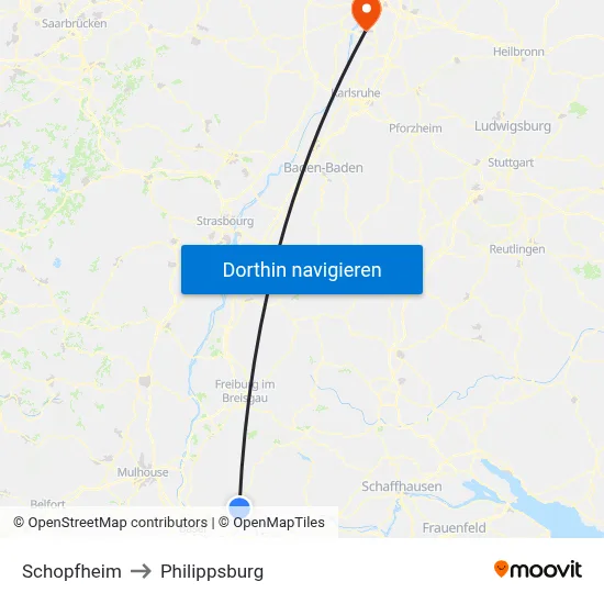 Schopfheim to Philippsburg map