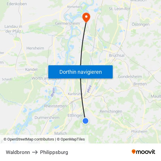 Waldbronn to Philippsburg map