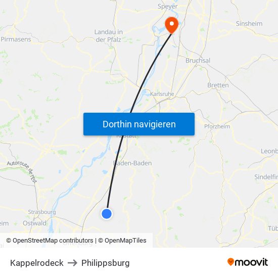 Kappelrodeck to Philippsburg map