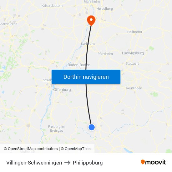 Villingen-Schwenningen to Philippsburg map