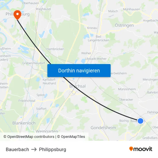 Bauerbach to Philippsburg map