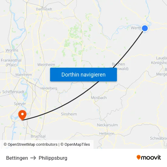 Bettingen to Philippsburg map