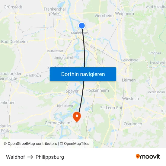 Waldhof to Philippsburg map