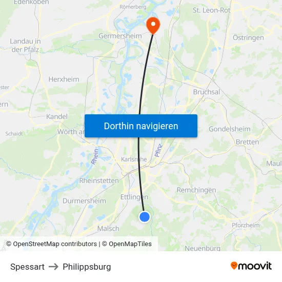 Spessart to Philippsburg map