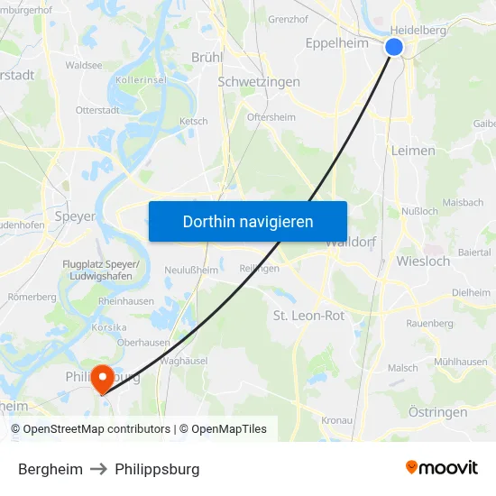 Bergheim to Philippsburg map