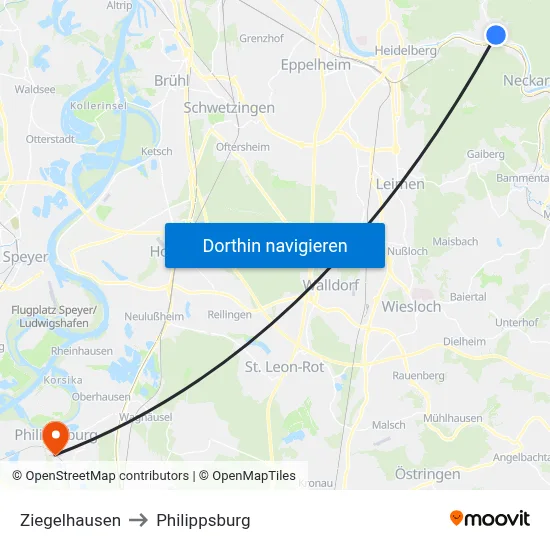 Ziegelhausen to Philippsburg map