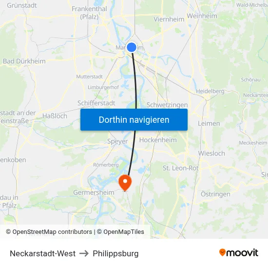 Neckarstadt-West to Philippsburg map