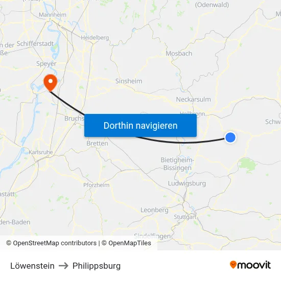 Löwenstein to Philippsburg map