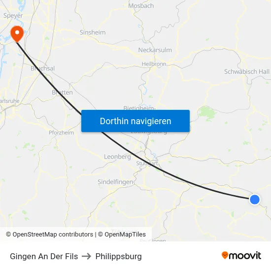 Gingen An Der Fils to Philippsburg map