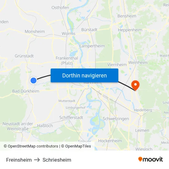 Freinsheim to Schriesheim map