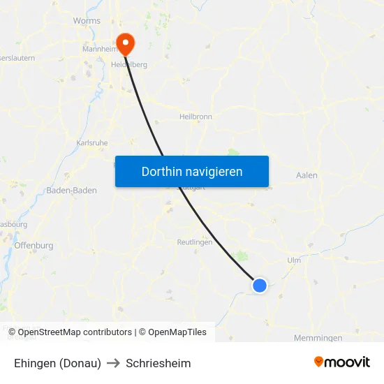 Ehingen (Donau) to Schriesheim map