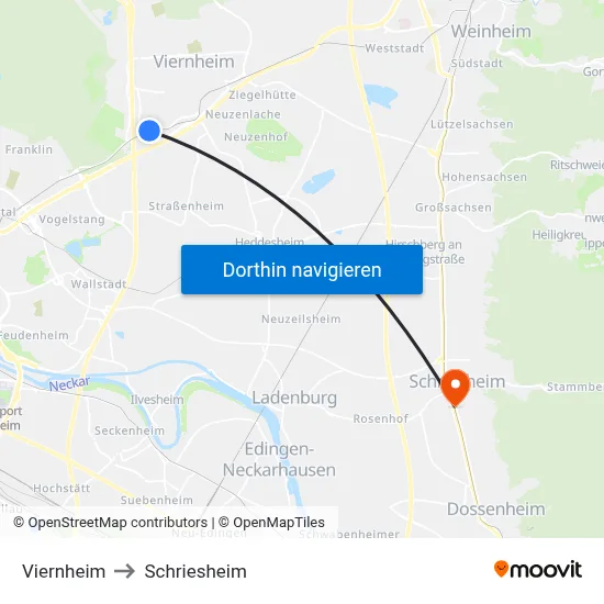 Viernheim to Schriesheim map