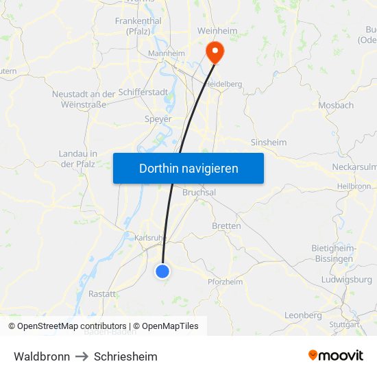 Waldbronn to Schriesheim map