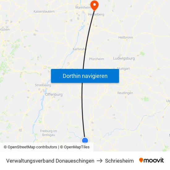 Verwaltungsverband Donaueschingen to Schriesheim map