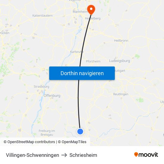 Villingen-Schwenningen to Schriesheim map