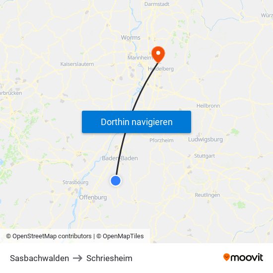 Sasbachwalden to Schriesheim map