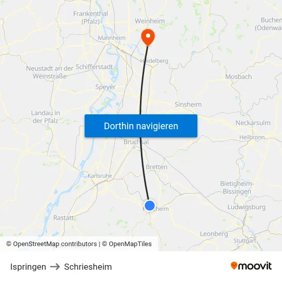 Ispringen to Schriesheim map