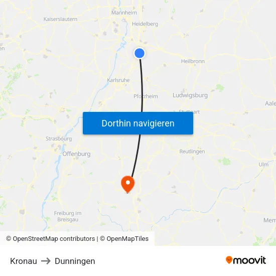 Kronau to Dunningen map