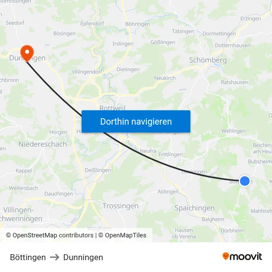 Böttingen to Dunningen map