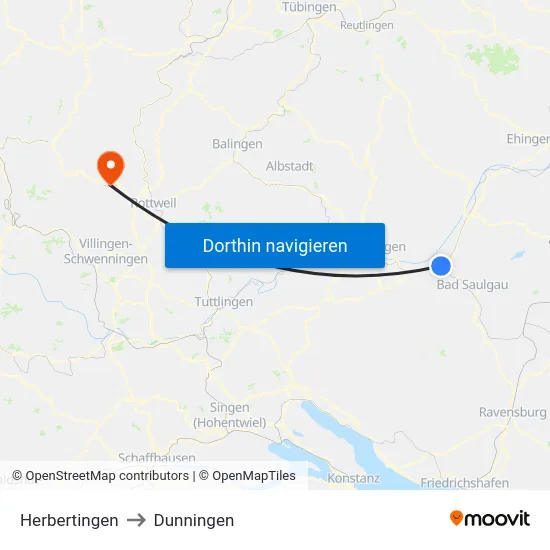 Herbertingen to Dunningen map