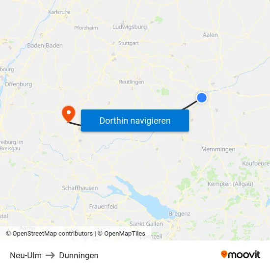 Neu-Ulm to Dunningen map