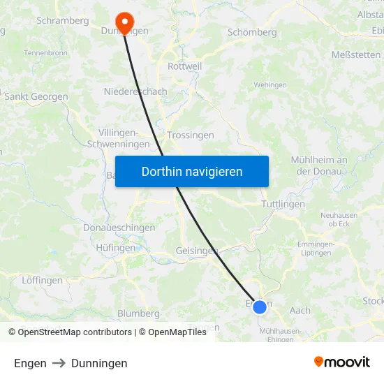 Engen to Dunningen map